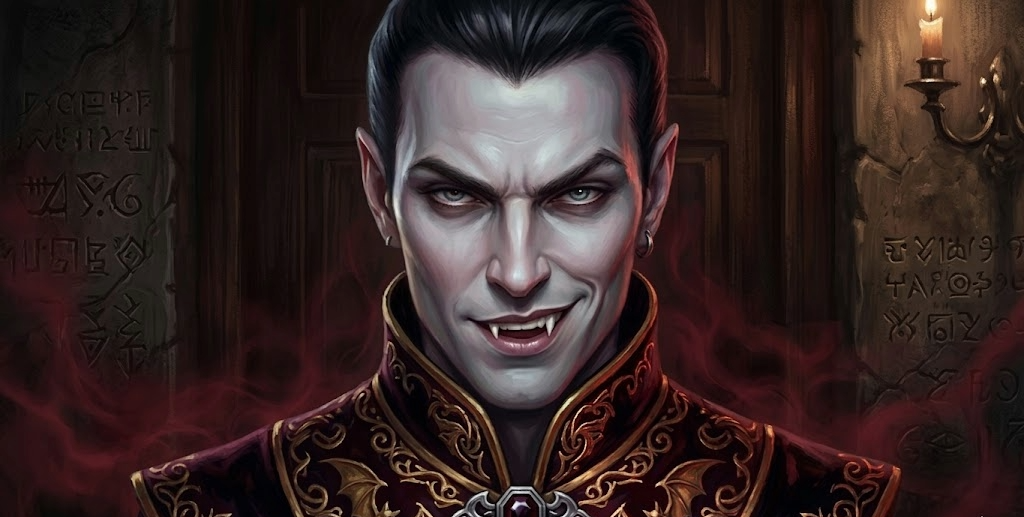 A sinister portrait of Count Strahd von Zarovich smiling in a dark stone corridor with glowing red mist.