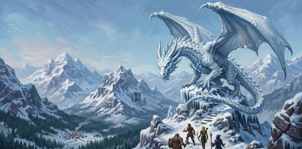 A powerful white dragon perches on a snowy mountain peak overlooking Phandalin as a party approaches.
